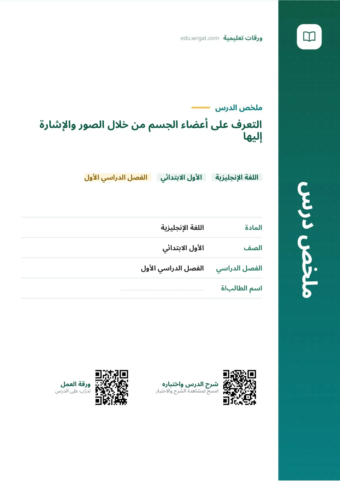 ملخص درس التعرف على أعضاء الجسم من خلال الصور والإشارة إليها اول ابتدائي الفصل الدراسي الأول
