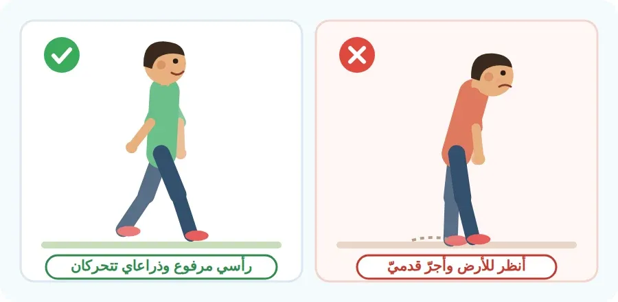 طفل يمشي مشيًا صحيحًا برأس مرفوع، وطفل يمشي منحنيًا ينظر إلى الأرض ويجر قدميه