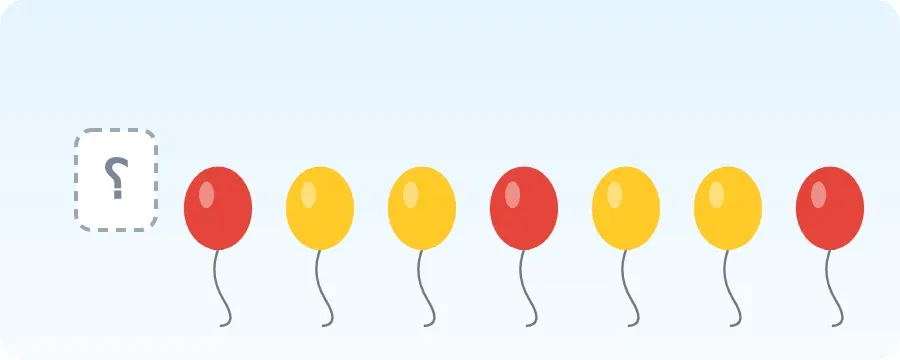 بالونات: أحمر، أصفر، أصفر، أحمر، أصفر، أصفر، أحمر، ثم علامة سؤال