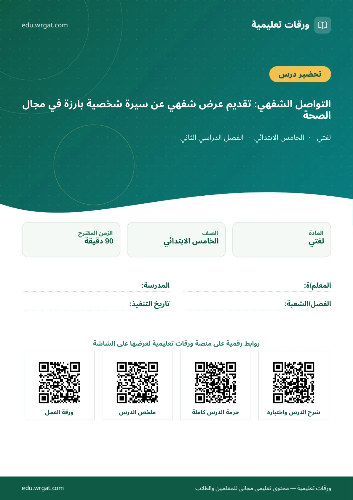 تحضير درس التواصل الشفهي: تقديم عرض شفهي عن سيرة شخصية بارزة في مجال الصحة خامس ابتدائي الفصل الثاني للمعلمين