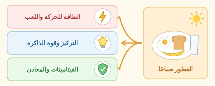 أتناول الفطور صباحًا فأحصل على: الطاقة للحركة واللعب، والتركيز وقوة الذاكرة، والفيتامينات والمعادن