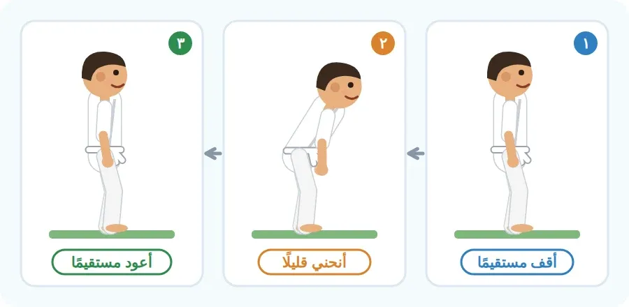 خطوات تحية الجودو: أقف مستقيمًا، ثم أنحني قليلًا ويداي على فخذيّ، ثم أعود مستقيمًا