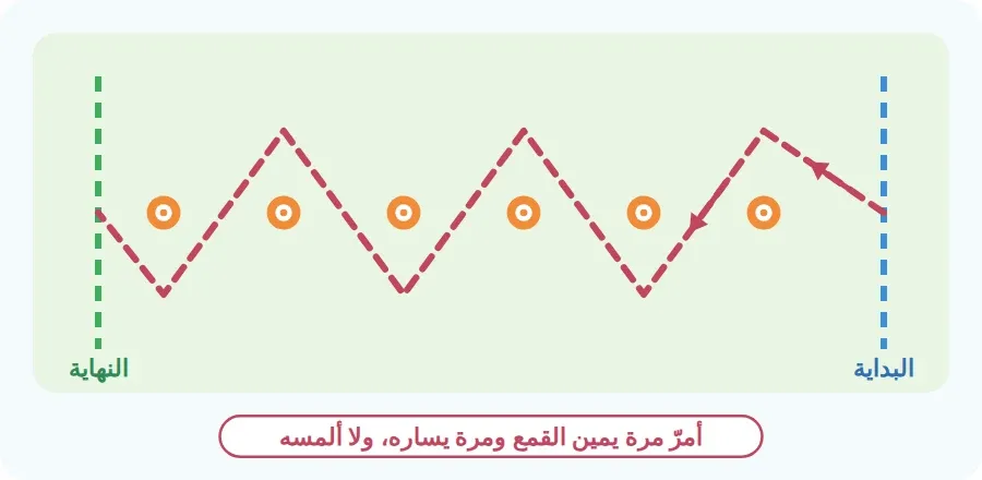العدو في خط متعرج بين الأقماع من البداية إلى النهاية، مرة يمين القمع ومرة يساره