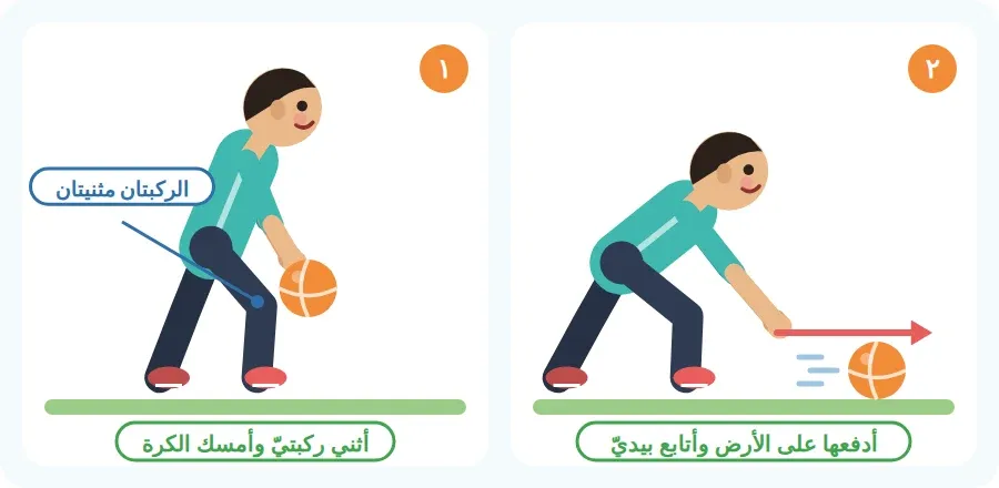 خطوتا الدحرجة: أثني ركبتيّ وأمسك الكرة بيديّ، ثم أدفعها على الأرض وأتابع بيديّ نحو الهدف